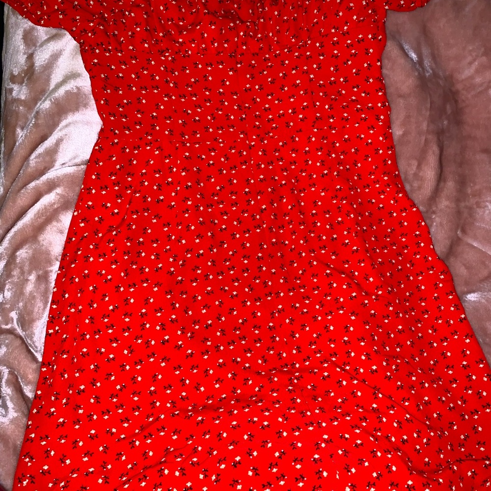 Revamped strapless dress very cute color red with small white flowers so comfy